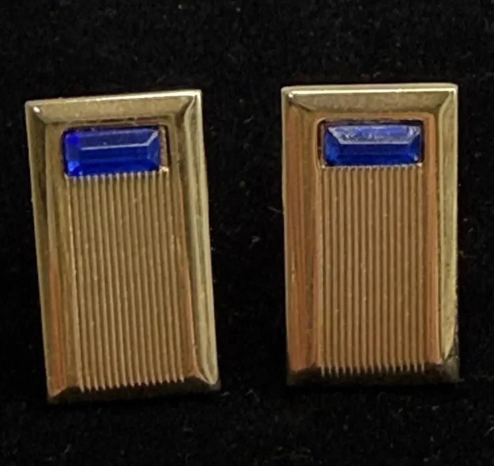 Art Deco Style Cufflinks Marked Anson Rectangle Gold Tone W/ Cobalt Blue 1960's